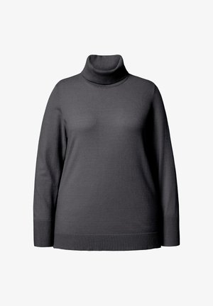 Donkergrijze coltrui gemaakt van zacht materiaal, met lange mouwen en textuurdetails bij de mouwen en de zoom.