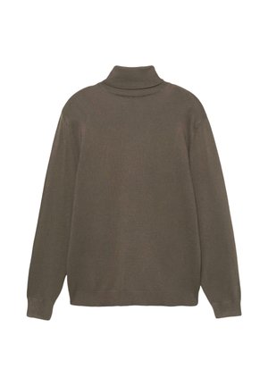 Pulover cu maneci lungi si guler inalt, de culoare verde maslin, cu o guler si mansete cu tesaturi in relief, textura moale si croi lejer, fara modele vizibile.