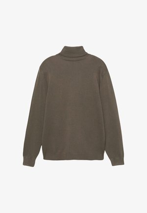 Langetermijnsweater met col in olijfgroen, met een geribde kraag en manchetten, zachte textuur en een ontspannen pasvorm zonder zichtbare patronen.