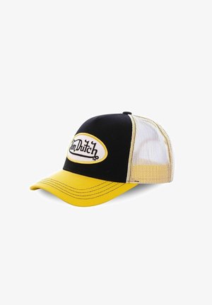 Casquette de camionneur noir et jaune avec une visière incurvée, un dos en maille et un logo brodé sur un patch ovale à l'avant.