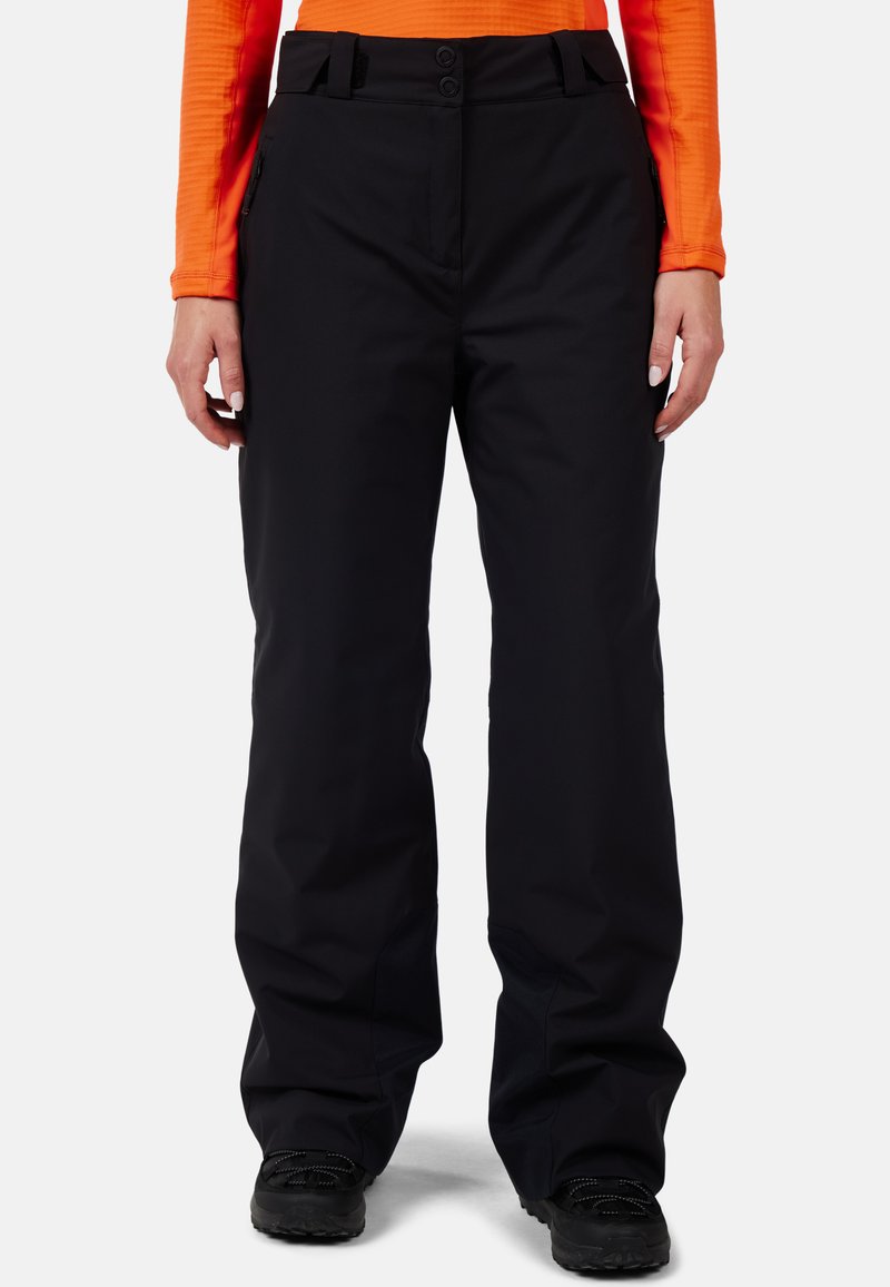 Pantaloni da neve neri con design a gamba dritta, due bottoni frontali, cinturini in vita regolabili e una tasca laterale con zip. Materiale impermeabile.