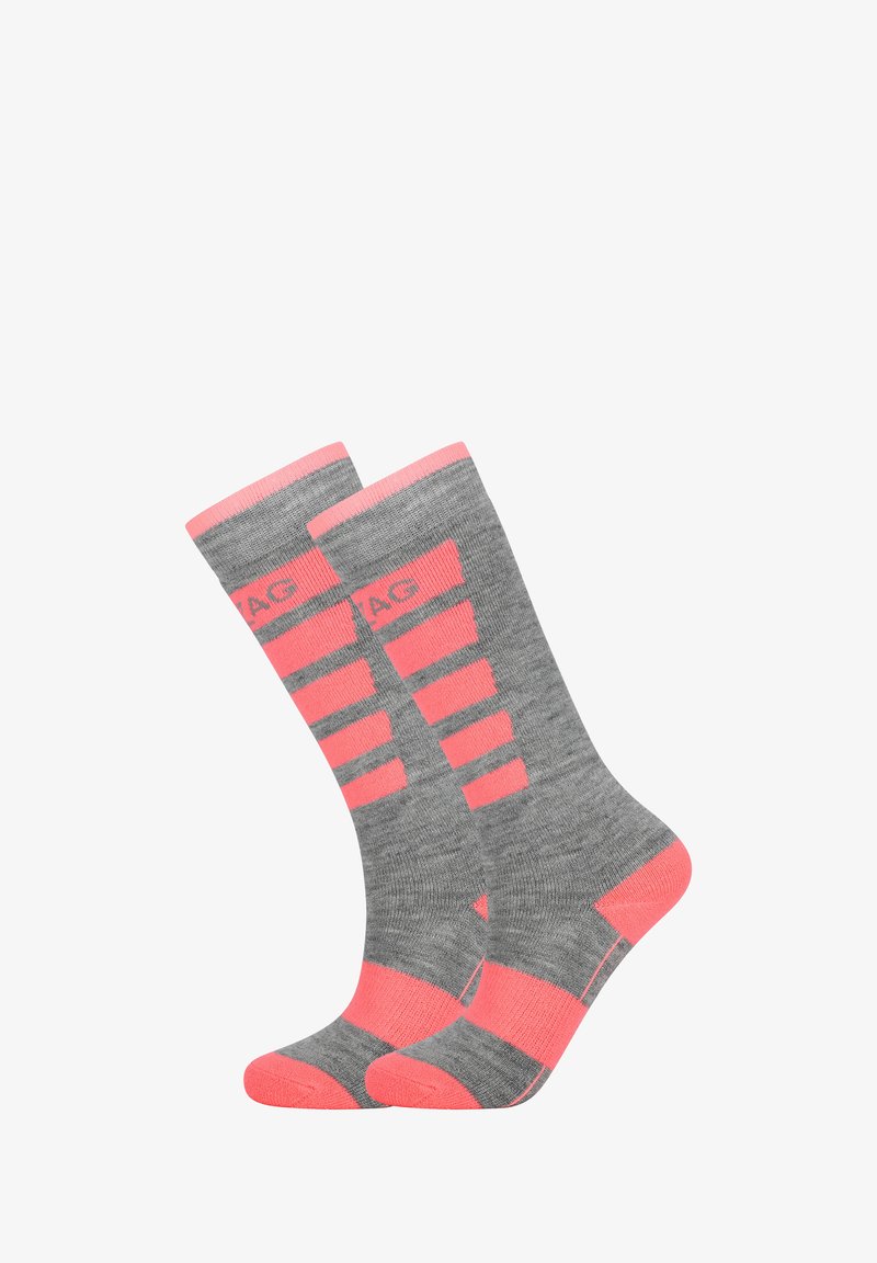 Calze grigie con accenti e righe rosa, realizzate in un materiale morbido. Progettate con un tallone e una punta rinforzati per la durata.