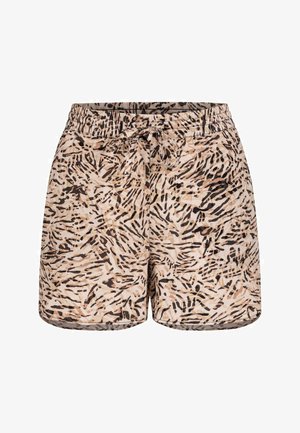 Lichte shorts in een beige en zwarte dierenprint. Elastische tailleband met een trekkoord. Gladde textuur, losse pasvorm en knielange snit.
