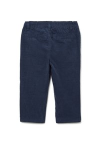 Marineblauwe corduroy knielange broeken met een textuurafwerking, voorzien van een elastische tailleband en twee achterzakken. Eenvoudig ontwerp en effen kleur.