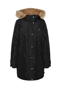 Veste parka noire avec une capuche en fausse fourrure. Elle possède deux poches zippées sur la poitrine, des poches latérales, des fermetures à pression et une coupe jusqu'aux hanches.