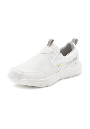 White slip-on shoe with a textured mesh upper, padded collar, and rubber sole. Features a small logo and gray accents on the side.
