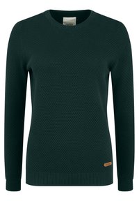 Ciemnozielony sweter dzianinowy z teksturowanym wzorem w plaster miodu. Posiada długie rękawy, okrągły dekolt oraz ribbowe wykończenie z akcentem logo.