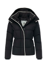 Chaqueta acolchada negra con capucha, ribetes blancos y cierre de cremallera en la parte delantera. El material parece suave con secciones acolchadas y bolsillos laterales.