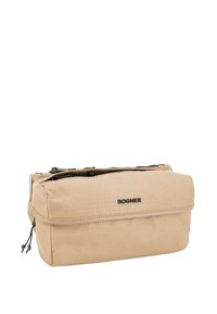 Bustina da toilette rettangolare beige con cerniere nere e logo "BOGNER" centrato nella parte anteriore, realizzata in tessuto texturizzato.