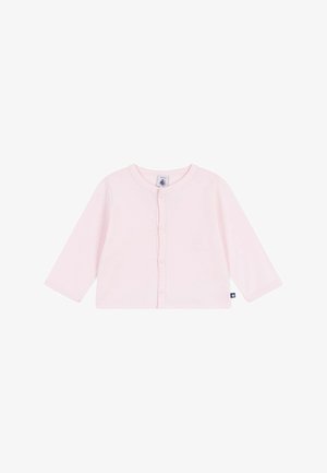 Hellrosa Baumwoll-Hemd mit langen Ärmeln, rundem Halsausschnitt, vorderer Knopfleiste und gewelltem Saum. Keine Muster oder Logos sichtbar.