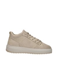 Beige high-top sneaker met suede en gestructureerde accenten, ronde neus en een dikke, geribbelde zool. Voorzien van veters en een gevoerde kraag.