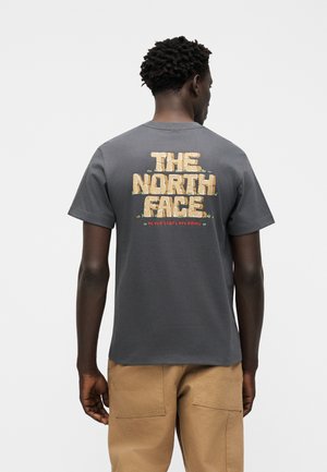 Man wearing gray T-shirt with "The North Face" and "Never Stop Exploring" text on the back, paired with tan pants, standing against white background.