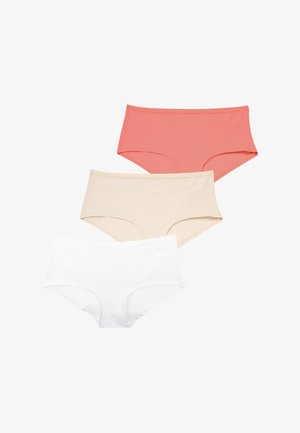 Ensemble de sous-vêtements en mélange de coton, disponible en trois couleurs : corail, beige et blanc. Conçu avec une taille mi-haute, une ceinture élastique et une texture lisse.