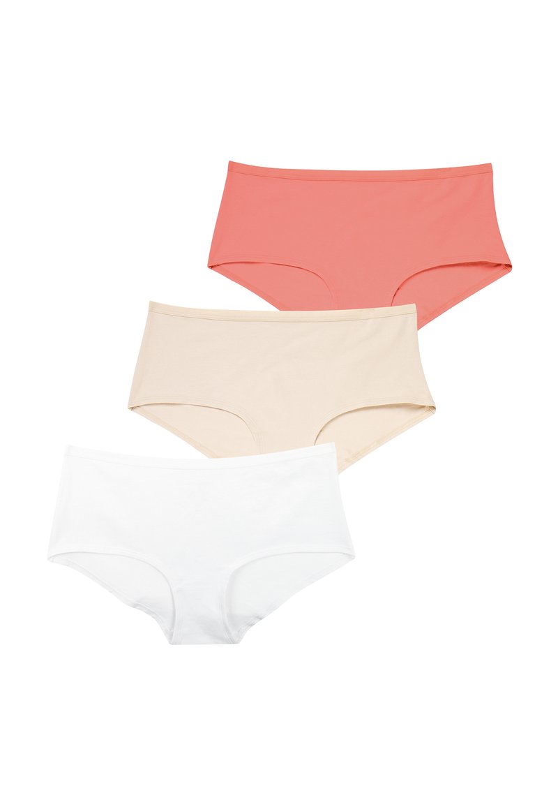 Ensemble de sous-vêtements en mélange de coton, disponible en trois couleurs : corail, beige et blanc. Conçu avec une taille mi-haute, une ceinture élastique et une texture lisse.