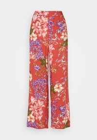 Bloemrijke wijde broekspijpen in het rood met een mix van witte, paarse en groene bloemen. Gemaakt van een lichtgewicht stof met een gladde textuur.