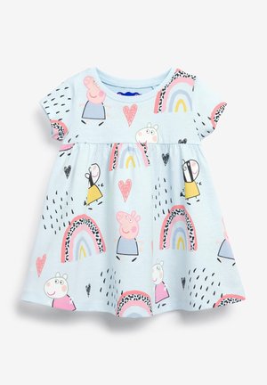 Robe bleu clair pour tout-petit à manches courtes avec des arcs-en-ciel colorés, des cœurs et des personnages d'animaux dessinés en rose, jaune et blanc.