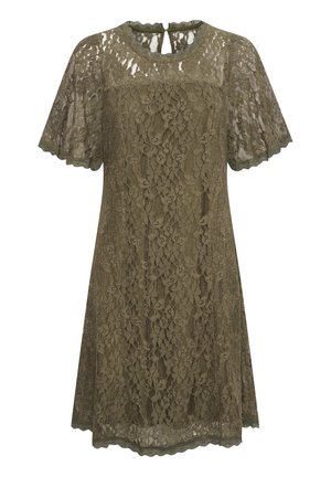 Olivengrünes Spitzenkleid mit kurzen, schwingenden Ärmeln, einem runden Halsausschnitt und einem Schlüsselloch-Detail im Rücken. Ein florales Muster bedeckt den gesamten Stoff.