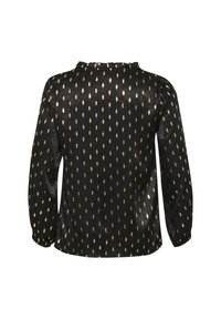 Black long-sleeve top with a ruffled neckline, featuring a pattern of small gold leaf shapes throughout. Soft, smooth texture.