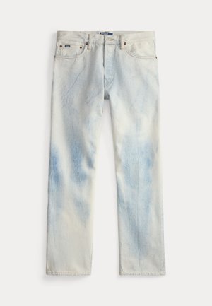 Jasne jeansy denim z prostą nogawką, zapinane na przedni guzik i zamek błyskawiczny, z pięcioma kieszeniami oraz wyblakłym niebiesko-białym wzorem.