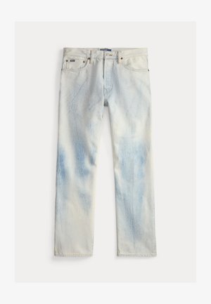 Light wash denim jeans with a straight leg fit, front button and zipper, five-pocket design, and faded blue and white color pattern.