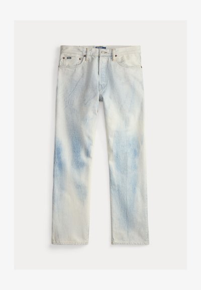 Jean en denim clair avec coupe droite, bouton et fermeture éclair à l’avant, design cinq poches et motif bleu et blanc délavé.