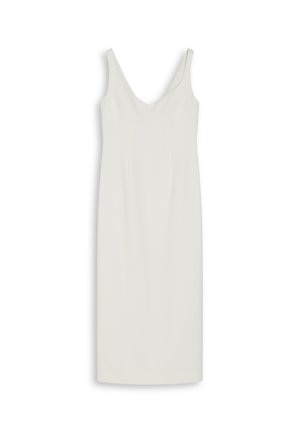 Ärmelloses, knielanges Kleid in Weiß. Mit tiefem V-Ausschnitt, taillierter Passform und glattem Stoff ohne sichtbare Muster oder Verzierungen.