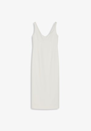 Brezrokavni, obleka do kolen v beli barvi. Ima globok V-izrez, prilegnjen top in gladko tkanino brez vidnih vzorcev ali okraskov.