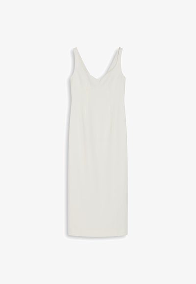 Αμάνικο, μίνι φόρεμα σε λευκό χρώμα. Διαθέτει βαθύ V-ντεκολτέ, εφαρμοστό κορσέ και λείο ύφασμα χωρίς ορατά σχέδια ή διακοσμήσεις.