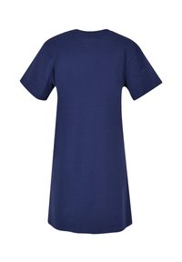 Marineblauwe katoenen T-shirt jurk met korte mouwen, ronde halslijn en een relaxed fit. De stof lijkt soepel en lichtgewicht.