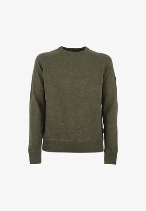 Oliwkowy sweter wykonany z dzianiny. Posiada okrągły dekolt, ściągacze przy rękawach i u dołu, a także subtelną teksturę na całej powierzchni.