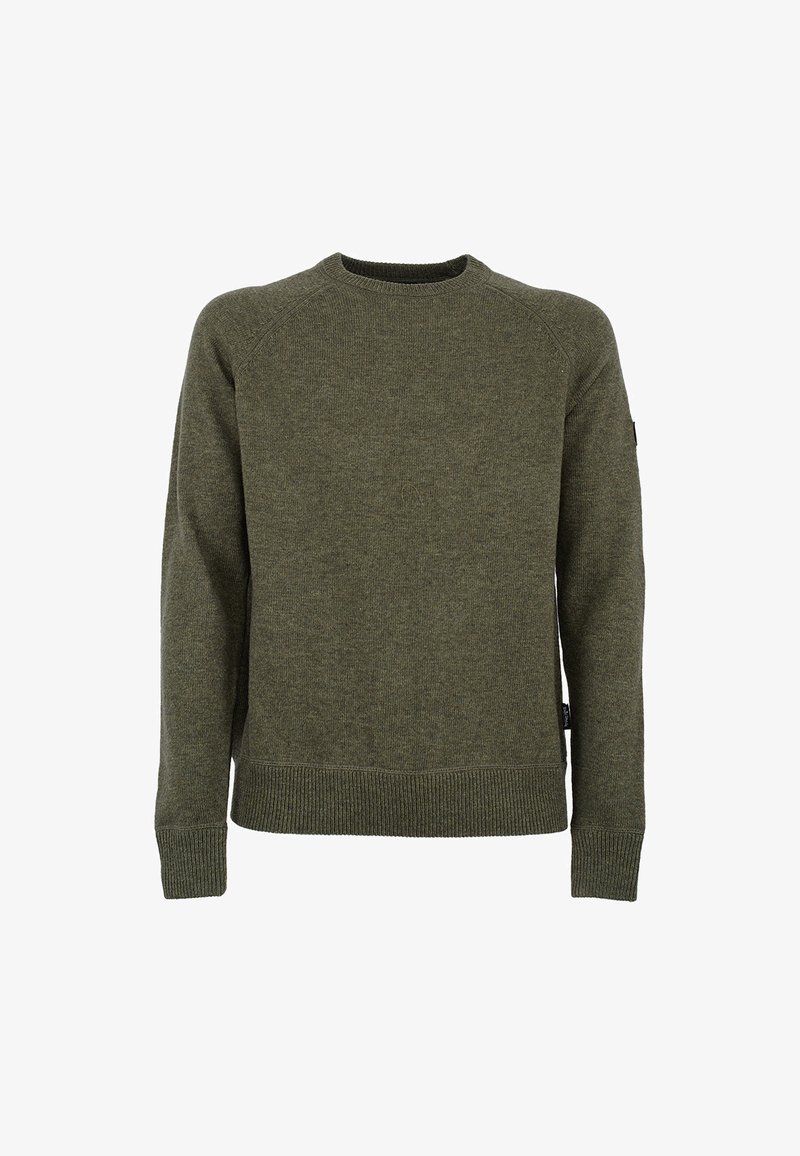 Oliwkowy sweter wykonany z dzianiny. Posiada okrągły dekolt, ściągacze przy rękawach i u dołu, a także subtelną teksturę na całej powierzchni.