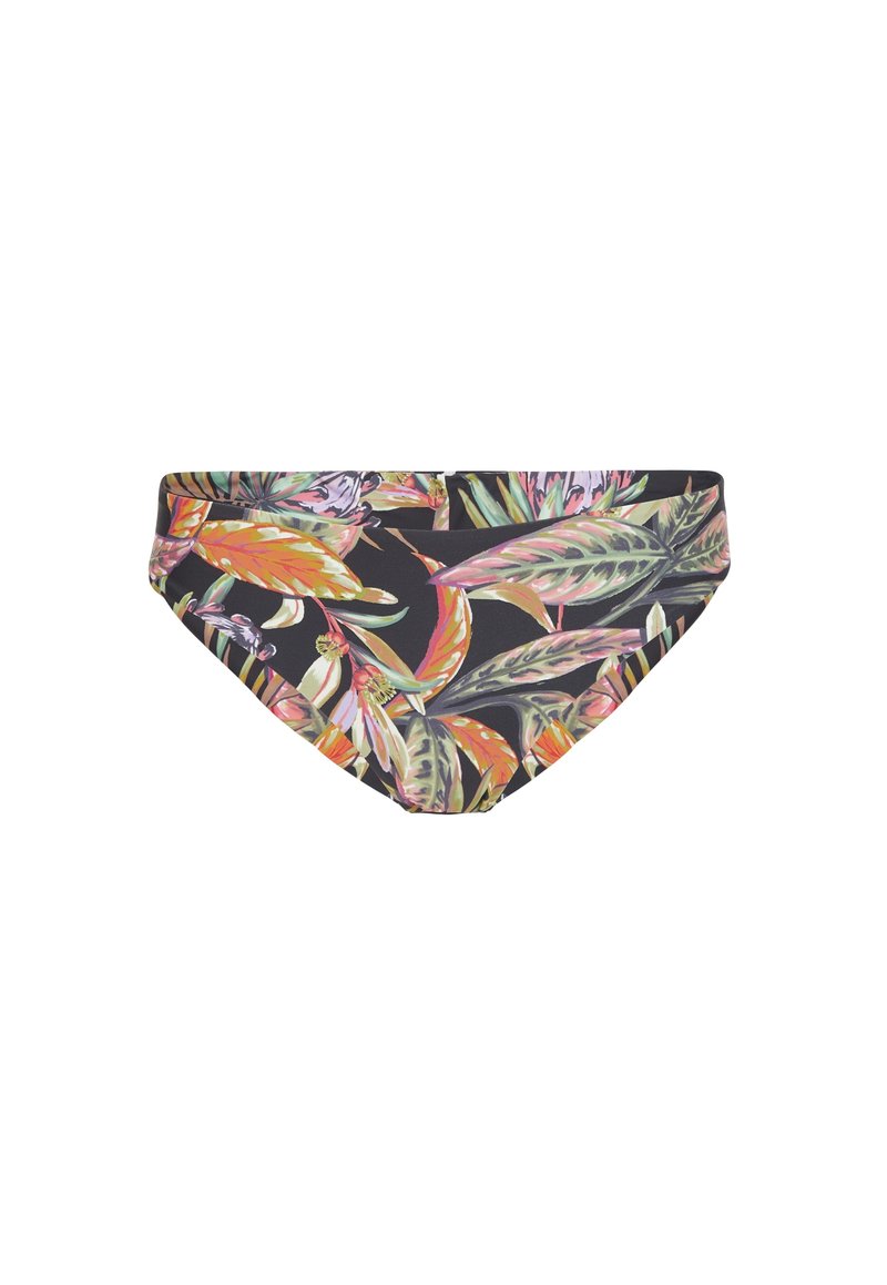 Bas de bikini floral avec un fond noir et des motifs de feuilles colorées en vert, orange et rose ; taille élastique, tissu extensible.
