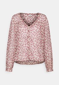 Blusa floreale in tessuto leggero e trasparente. Presenta un collo a V, maniche lunghe e chiusura con bottoni su uno sfondo rosa e un motivo di fiori multicolori.
