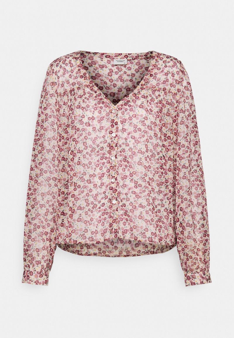 Blusa floreale in tessuto leggero e trasparente. Presenta un collo a V, maniche lunghe e chiusura con bottoni su uno sfondo rosa e un motivo di fiori multicolori.