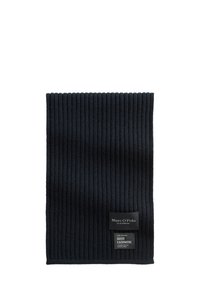 Donkerblauwe geribbelde kasjmier sjaal met een gestructureerd oppervlak, voorzien van twee stoffen labels aan de onderkant met merk- en materiaalinformatie.