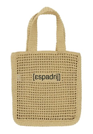 Beige crochet tote bag with two handles and black "[espadrij]" logo centered on the front panel.