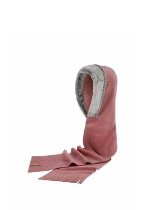 Soft pink hooded scarf with gray faux fur lining around the hood and fringed ends, displayed upright on a white background.