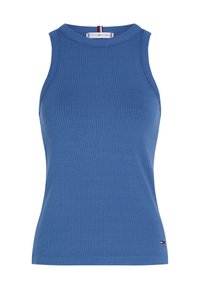 Top de tirantes azul con diseño sin mangas, escote redondo y pequeño logotipo en el dobladillo. Tela suave y forma ajustada.