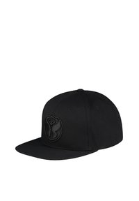 Zwarte baseballpet met een platte klep en geborduurd tekstuurlogo aan de voorkant. Gemaakt van stof met een gladde afwerking, voorzien van zes ventilatiegaten.