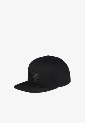 Black baseball cap with a flat brim and embroidered textured logo on the front. Made from fabric with a smooth finish, featuring six ventilation holes.