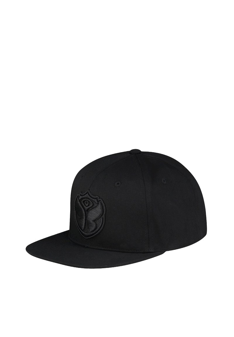 Zwarte baseballpet met een platte klep en geborduurd tekstuurlogo aan de voorkant. Gemaakt van stof met een gladde afwerking, voorzien van zes ventilatiegaten.