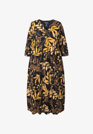 Schwarzes Midikleid mit gelbem und beigem, blättrigem Blumenmuster, gerafftem Taillenbereich und drei Viertel-Ärmeln.