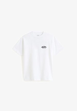 Maglietta bianca a maniche corte con un piccolo logo nero "Vans Off The Wall" sulla parte sinistra del petto.