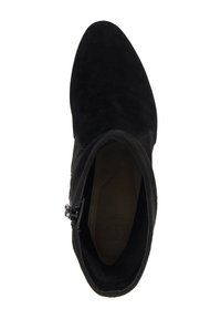 Black suede ankle boot with a pointed toe, side zipper closure, and smooth interior. Sole is rounded with a slight heel.
