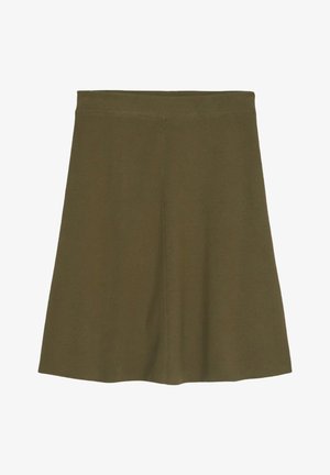 Hame olive-vihreä pehmeästä kankaasta, jossa on liehuva muotoilu, sileä vyötärö ja ei näkyvää metalliosaa tai kuvioita.