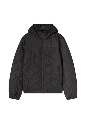 Schwarze, gesteppte Pufferjacke mit Kapuze, Frontreißverschluss und zwei Seitentaschen; mit elastischen Bündchen und einem eleganten, matten Finish.