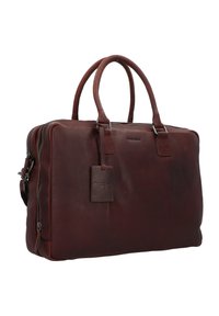 Borsa in pelle di un profondo bordeaux con due manici superiori, chiusura con zip e superficie testurizzata. Presenta un'etichetta per l'identificazione.