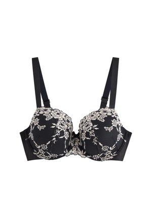 Sort blondel med blomsterbroderi i kremfarve, puderede skåle, justerbare stropper og en ensfarvet rygpanel.