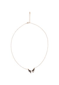 Guldtonet halskæde med to sorte håndcharms, fin kæde og en lukning med forlængelse til justerbar længde. Elegant minimalistisk design.