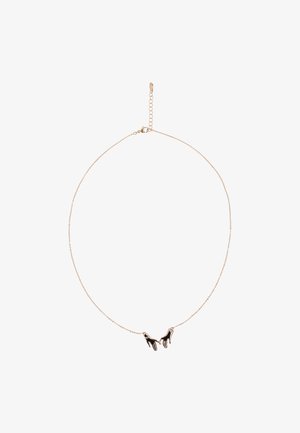 Gouden halsketting met twee zwarte handcharms, fijne ketting en een sluiting met een verlenging voor verstelbare lengte. Elegante minimalistische uitstraling.